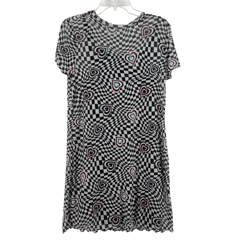Y2K Mini Dress Checkerboard Heart Print Size 16 Retro Rave E-girl That's It Mesh
